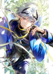  1boy ardashir_(arknights) arknights arknights:_endfield artist_name black_gloves black_shirt blue_jacket blue_pants border coin cooking cowboy_shot doro_(sabarudoro) earrings gloves grey_eyes grey_hair half_gloves hand_tattoo hand_up highres holding holding_coin horns jacket jewelry looking_at_viewer male_focus pants pointy_ears ponytail shirt smile solo tattoo white_border 