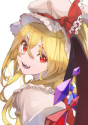  1girl amateru ascot blonde_hair collared_shirt commentary crystal crystal_wings fangs flandre_scarlet frilled_shirt_collar frills hair_between_eyes hat hat_ribbon highres mob_cap multicolored_wings one_side_up open_mouth red_eyes red_vest ribbon shirt slit_pupils smile solo touhou upper_body vest white_hat white_shirt wings yellow_ascot 