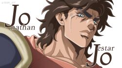  1boy araki_hirohiko_(style) blue_eyes brown_hair brown_shirt collarbone commentary english_commentary english_text genda_art hatching_(texture) highres jojo_no_kimyou_na_bouken jonathan_joestar lips looking_at_viewer male_focus messy_hair official_style phantom_blood portrait recolored shirt shoulder_pads simple_background smile solo stone_ocean thick_eyebrows white_background 