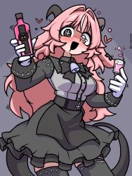  1girl :d animal_ears bell black_bow black_bowtie black_eyes black_skirt black_thighhighs blush bottle bow bowtie breasts commentary_request cup femme_soule gloves goat_ears goat_girl goat_horns grey_background grey_shirt hair_intakes heart heterochromia high-waist_skirt holding holding_bottle holding_cup horns ji_heeeeeee korean_commentary long_hair medium_breasts miniskirt multicolored_hair neck_bell open_mouth pink_eyes pink_hair pukey_goddess_shot_trick saliva saliva_trail shirt sidelocks simple_background skirt smile solo streaked_hair tail thigh-highs twitter_username white_gloves white_streaks 