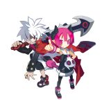  demon disgaea glasses harada_takehito horns jacket magenta_hair makai_senki_disgaea_3 mao mao_(disgaea) nippon_ichi official_art pantyhose pink_eyes pink_hair pointing pointy_ears raspberyl red_eyes school_uniform short_hair simple_background smile sword tail weapon white_hair wings 