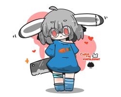  1girl :3 ahoge animal_ears asymmetrical_legwear bare_shoulders blue_shirt blue_socks chibi cleaver closed_mouth commentary_request full_body glasses grey_hair hair_between_eyes heart highres off_shoulder original rabbit_ears red_eyes ringed_eyes sea_urchin shadow shirt short_eyebrows short_sleeves socks solo standing thick_eyebrows uni_souchou vorpal_bunny 