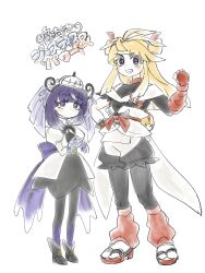  2girls belt black_dress black_pantyhose black_shirt black_shoes blonde_hair blue_gloves blunt_bangs bob_cut bow bright_pupils closed_mouth crown double_bun dress elbow_gloves full_body genderswap genderswap_(mtf) gloves gradient_hair grin gwynn_(pokemon) hair_bun highres ivor_(pokemon) jacket juliet_sleeves leg_warmers long_hair long_sleeves looking_at_viewer mole mole_under_mouth multicolored_hair multiple_girls o-ring o-ring_belt open_clothes pantyhose partially_fingerless_gloves pokemon pokemon_legends:_z-a puffy_sleeves purple_bow purple_hair purple_veil red_gloves red_leg_warmers sandals sash shirt shoes short_hair shorts siblings simple_background single_elbow_glove sisters smile standing veil violet_eyes white_background white_jacket white_pupils white_sash white_shorts yametene50 