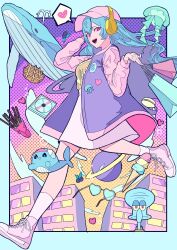  1girl absurdres bag bao_the_whale blue_hair building cd_case dress food hair_between_eyes handbag hat headphones heart heart-shaped_eyewear highres ice_cream indie_virtual_youtuber jellyfish long_hair looking_at_viewer mozzu123 open_mouth pink_eyes pink_hat pink_shoes planetary_ring pocky purple_vest shoes skyscraper vest virtual_youtuber waffle walking whale whale_girl white_dress white_hair 