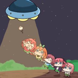  5girls :3 abduction akino_ell black_pantyhose black_ribbon black_shoes blue_eyes blush brown_hair chibi closed_eyes closed_mouth collared_shirt commentary_request crying flying_saucer food go-toubun_no_hanayome green_ribbon green_skirt hair_ribbon motion_lines multiple_girls nakano_ichika nakano_itsuki nakano_miku nakano_nino nakano_yotsuba night orange_hair outdoors pantyhose pink_hair pleated_skirt purple_hair red_hair ribbon shirt shoes short_sleeves skirt sky small_sweatdrop socks spacecraft star_(sky) starry_sky steamed_bun sweat sweater_vest tractor_beam two_side_up ufo v-shaped_eyebrows white_shirt white_socks 