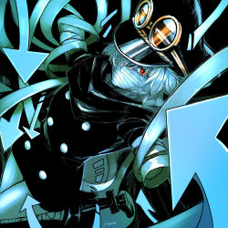  1girl absurdres amputee arrow_(symbol) artist_name bandages black_background black_hat black_jacket blue_hair buttons commentary covered_mouth double-breasted goggles goggles_on_headwear gunko hair_over_one_eye hat highres illustica_phantom jacket looking_at_viewer medium_hair one_piece prosthesis prosthetic_leg red_eyes simple_background solo thighs wolf_cut 
