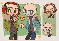  >_< +++ 2boys :< ? bald belt bespectacled black_belt black_gloves black_sweater blue-framed_eyewear blue_eyes blue_jacket blue_pants bright_pupils charles_calvin chibi chibi_inset chinese_commentary commentary_request cropped_legs denim fewer_digits film_grain fingerless_gloves flying_sweatdrops frown fur_hood glasses gloves green_background green_eyes green_jacket green_pants grey_background grin halftone halftone_background hand_in_pocket hand_up hands_up headphones headset henry_stickmin henry_stickmin_(series) highres hood hooded_jacket jacket jeans long_sleeves male_focus middle_finger muchuizzzzz multiple_boys musical_note open_clothes open_jacket outline pants pocket puffy_long_sleeves puffy_sleeves raised_eyebrow rectangular_eyewear red-framed_eyewear simple_background smile spoken_musical_note spoken_question_mark sweater teardrop-framed_glasses tongue tongue_out turtleneck turtleneck_sweater two-tone_background white_hood white_pupils yellow_outline 