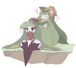  2girls avocado_539 closed_eyes colored_skin crown flower full_body gold_crown green_hair green_skin hair_flower hair_ornament heart lilligant long_hair looking_at_another mini_crown monster_girl multicolored_skin multiple_girls orange_flower pink_flower plant_girl plant_hair pokemon pokemon_(creature) purple_thighhighs simple_background sitting standing swept_bangs thigh-highs tri_tails tsareena two-tone_skin violet_eyes white_background white_skin yellow_crown 