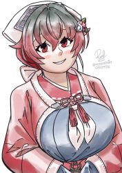  1girl bandana black_hair blue_shirt breasts dated english_commentary gradient_hair hair_flaps hair_ribbon highres jingei_(cherry_blossom)_(kancolle) jingei_(kancolle) kantai_collection large_breasts long_hair multicolored_hair neckerchief one-hour_drawing_challenge pink_sailor_collar pink_shawl red_eyes red_hair ribbon ron_(pixiv83091338) sailor_collar shawl shirt simple_background solo twitter_username upper_body white_background white_bandana white_neckerchief 