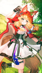 1girl absurdres animal_ear_fluff animal_ears arknights arknights:_endfield black_boots black_gloves blonde_hair blush boots cape commentary_request dress ears_through_headwear fingerless_gloves gloves highres hood hood_up hooded_cape long_hair looking_at_viewer low-tied_sidelocks open_mouth red_cape rossi_(arknights) rovpsama sidelocks solo tail white_dress wolf_ears wolf_girl wolf_tail yellow_eyes 