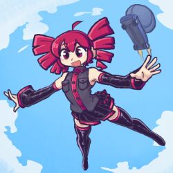  1girl agal1502 ahoge armpits battle_bus_(fortnite) black_boots black_shirt black_skirt black_sleeves boots bus buttons clouds cloudy_sky detached_sleeves drill_hair falling fortnite from_below full_body happy highres kasane_teto kasane_teto_(utau) motor_vehicle pleated_skirt red_eyes red_hair red_trim shirt sidelocks skirt sky sleeveless sleeveless_shirt smile thigh_boots twin_drills utau wing_collar zettai_ryouiki 