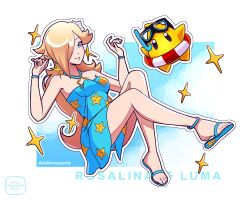  1girl artist_name blonde_hair blue_eyes character_name dullorangepulp earrings flip-flops hair_over_one_eye highres innertube jewelry long_hair looking_at_viewer luma_(mario) mario_kart mario_kart_tour official_alternate_costume rosalina rosalina_(swimwear) sandals snorkel star_(symbol) star_earrings super_mario_bros. swim_ring 