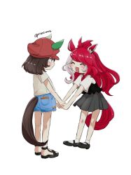  2girls ^_^ aged_down alternate_costume animal_ears brown_hair closed_eyes denim denim_shorts ears_through_headwear facing_another from_side grey_skirt hat highres horse_ears horse_girl long_hair looking_at_another loves_only_you_(umamusume) marche_lorraine_(umamusume) mary_janes mismatched_ear_covers multicolored_hair multiple_girls open_mouth pleated_skirt poteo_(poteo_mot) red_hair sandals shirt shoes short_hair short_sleeves shorts simple_background skirt socks two-tone_hair umamusume white_background white_shirt white_socks 