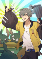  1boy absurdres alternate_costume bag belt bishie_sparkle black_gloves black_jacket black_pants blue_background blue_belt blush caelus_(honkai:_star_rail) clenched_hand collarbone commentary_request cowboy_shot creature fingerless_gloves gloves green_background grey_hair hair_between_eyes happy highres holding holding_bag honkai:_star_rail honkai_(series) jacket long_sleeves looking_at_object lordly_trashcan_(honkai:_star_rail) male_focus multicolored_jacket open_mouth pants pocket pokemon pokemon_(creature) pokemon_legends:_z-a puffy_long_sleeves puffy_sleeves rune_(rne_at) shirt short_hair smile sparkle standing striped_background t-shirt tassel teeth trailblazer_(honkai:_star_rail) trash_bag trash_can trubbish two-tone_background two-tone_jacket white_shirt yellow_eyes yellow_jacket 