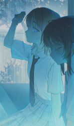  051_ogoli 2girls blue_eyes blush closed_eyes commentary_request hand_up highres implied_yuri looking_at_another multiple_girls original outdoors pleated_skirt rain school_uniform shirt short_hair sideways_glance sitting skirt water_drop wet wet_clothes wet_hair white_shirt 