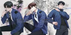  3boys adjusting_eyewear agent_choi black_eyes black_hair black_necktie black_pants black_shirt blue_eyes blue_jacket blue_pupils brown_hair closed_mouth cowboy_shot doo_so food fruit glasses grapes grin gwechul hand_on_eyewear hand_on_own_face hand_on_own_shoulder hand_up highres jacket kim_soleum looking_at_viewer male_focus multiple_boys necktie open_mouth pants parted_lips red_pupils ryu_jaekwan scar scar_on_neck serious shirt short_hair simple_background sitting smile solo spiky_hair standing stretching tiger upper_body white_shirt 