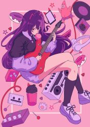  1girl absurdres akuma_nihmune black_shirt black_socks boombox candy cassette_player cassette_tape cellphone chewing_gum crossed_legs cup demon_horns doughnut food guitar headphones highres horns indie_virtual_youtuber instrument lollipop long_hair looking_at_viewer mozzu123 phone pink_background purple_hair red_eyes shirt shoes shorts sitting smartphone socks star_(symbol) vinyl_record virtual_youtuber white_shoes 
