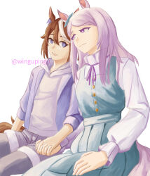  animal_ears aqua_bow aqua_dress bow casual couple dress ear_bow ear_ribbon green_dress grey_hoodie high_ponytail highres holding_hands hood hoodie horse_ears horse_girl horse_tail mejiro_mcqueen_(casual)_(umamusume) mejiro_mcqueen_(umamusume) multicolored_hair official_alternate_costume ponytail purple_hair single_hair_streak sleeveless sleeveless_dress streaked_hair tail tokai_teio_(umamusume) umamusume white_background white_streaks wingupingu_(shikishikichan) yuri 