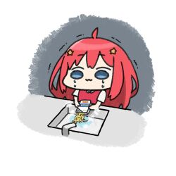  1girl :3 ahoge akino_ell blue_eyes closed_mouth collared_shirt commentary_request crying crying_with_eyes_open faucet go-toubun_no_hanayome hair_ornament highres holding instant_noodles nakano_itsuki red_hair shirt short_sleeves sink solo star_(symbol) star_hair_ornament sweater_vest tears trembling upper_body white_shirt 