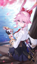  1girl absurdres black_gloves black_pantyhose blue_skirt breasts chinese_commentary chuideng commentary_request evanescia_(honkai:_star_rail) falling_petals flower fox_mask gloves hair_flower hair_ornament highres holding holding_mask honkai:_star_rail honkai_(series) jacket looking_at_viewer mask medium_breasts pantyhose petals pink_hair pleated_skirt school_uniform shirt short_hair_with_long_locks sitting_on_branch skirt smile solo violet_eyes white_jacket white_shirt 