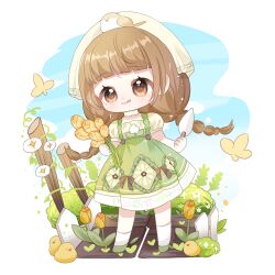  1girl :3 :q animal animal_on_head asymmetrical_legwear baby_animal bare_arms bird bird_on_head blue_sky blunt_bangs border bouquet bow braid brown_bow brown_eyes brown_hair bug bush butterfly chibi chick chinese_commentary choker closed_mouth clouds commentary_request country_lolita day dot_nose dress dress_bow eyelashes fence fern flower garden green_dress green_shoes happy headscarf highres holding holding_bouquet holding_shovel infinity_nikki kneehighs kwsomeone leaf light_blush light_particles lolita_fashion long_hair looking_ahead loose_hair_strand low_twin_braids medium_dress nikki_(series) on_head outdoors outside_border pinafore_dress plant pleated_dress puffy_short_sleeves puffy_sleeves shirt shoes short_sleeves shovel sky sleeveless sleeveless_dress smile socks solo sparkle spring_blossom_(infinity_nikki) sprout standing tareme tongue tongue_out tulip twin_braids very_long_hair vines white_border white_choker white_flower white_headscarf white_shirt white_socks yellow_butterfly yellow_flower 
