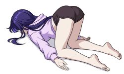  1girl alternate_costume ass ass_focus barefoot bent_over blunt_bangs braid closed_mouth defeat english_commentary full_body genshin_impact glasses gradient_hair highres hood hood_down hoodie long_hair long_sleeves multicolored_hair prickly-chan_(ycactussprout) purple_hair purple_hoodie raiden_shogun raiden_shogun_(2nd_anniversary) shade short_shorts shorts simple_background single_braid solo streaked_hair white_background 
