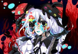  1girl abstract_background beret black_bow black_eyes black_ribbon black_streaks blue_tongue bow chinese_commentary collared_shirt colored_tongue commentary_request crying crying_with_eyes_open dark_persona hair_bow hat highres jogasaki_noah long_hair looking_at_viewer mahou_shoujo_no_majo_saiban multi-tied_hair multicolored_hair neck_ribbon open_mouth paint ribbon shirt solo spoilers streaked_hair tears upper_body white_hair white_shirt witch_(manosaba) xiaozhao_aki 