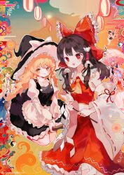  6+girls :d apron ascot black_hair black_hat black_skirt black_vest blonde_hair blue_hair blue_skirt bow braid broom broom_riding brown_hair camera closed_mouth colorful_background comkdom commentary_request detached_sleeves dress egasumi frilled_skirt frills frog_hair_ornament gohei green_bow green_eyes green_hair grey_hair hair_bow hair_ornament hakurei_reimu hand_fan hat hat_bow hauchiwa highres holding holding_camera holding_fan holding_gohei holding_umbrella izayoi_sakuya kirisame_marisa kochiya_sanae lantern long_hair long_sleeves looking_at_another medium_hair moriya_suwako multiple_girls open_mouth paper_lantern pink_dress pink_hat puffy_short_sleeves puffy_sleeves red_ascot red_bow red_eyes red_hat red_ribbon red_shirt red_skirt reitaisai remilia_scarlet ribbon ribbon-trimmed_sleeves ribbon_trim shameimaru_aya shirt short_hair short_sleeves side_braid side_braids single_braid skirt sleeveless sleeveless_shirt smile tokin_hat touhou umbrella vest waist_apron white_apron white_bow white_shirt white_sleeves wide_sleeves wings witch_hat yellow_eyes yin_yang 