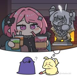  3girls ? animalization black_bow black_dress black_wings bow bubble_tea chibi cissia_(zenless_zone_zero) closed_eyes closed_mouth commentary cup disposable_cup dress drinking drinking_straw english_commentary feathers fireplace hair_bow highres holding holding_cup multiple_girls pink_eyes pink_hair pointy_ears promeia_(zenless_zone_zero) remielle_dan sitting snake_girl snake_tail statue sweat tail underdatv white_feathers wings yellow_snake zenless_zone_zero 