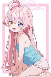 1girl absurdres ahoge alternate_costume bare_shoulders barefoot blue_archive blue_eyes blush commentary dress fang flat_chest from_side hair_between_eyes halo heterochromia highres hoshino_(blue_archive) kneeling loli long_hair looking_at_viewer odorukaminoke open_mouth pink_hair pink_halo shorts skin_fang sleeveless sleeveless_dress smile solo sweatdrop very_long_hair yellow_eyes
