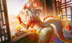  1girl architecture arknights arm_support bare_arms bare_shoulders bead_bracelet beads belt black_belt bonsai bracelet colored_extremities colored_skin commentary cowboy_shot dragon_girl dragon_horns dragon_tail east_asian_architecture eastern_dragon_horns eastern_dragon_tail from_behind highres horns indoors jewelry leaning_forward long_hair multicolored_hair nian_(arknights) nikov open_window pointy_ears ponytail red_hands red_skin red_tube_top scenery shorts solo strapless streaked_hair tail tube_top white_shorts window 
