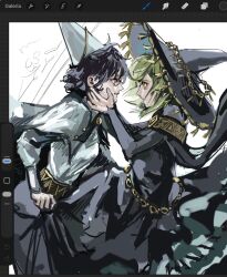 2girls agott_arklaum_(tongari_boushi_no_atelier) belt black_dress blue_hat cloak clothes_grab coco_(tongari_boushi_no_atelier) cowboy_shot curly_hair dress formal_clothes green_eyes green_hair hand_on_another's_face hat highres holding leaning leaning_forward long_sleeves looking_at_another multiple_girls orca_yka paneled_background purple_hair ribbon short_hair tongari_boushi_no_atelier violet_eyes white_background witch_hat 