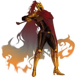 1boy arm_guards armor axe boots breastplate cape corinthian_helmet d3rlord3 facing_to_the_side full_body head_tilt high_heel_boots high_heels highres holding holding_axe male_focus qiutinub red_cape searching_for_a_world_that_doesn't_exist shin_guards shoulder_armor solo 
