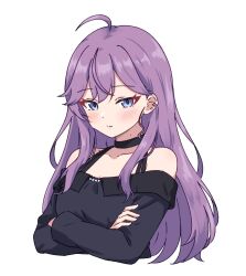  1girl ahoge alternate_hairstyle black_choker black_shirt blue_eyes blush breasts choker closed_mouth collarbone commentary cropped_torso crossed_arms dot_nose ear_piercing gakuen_idolmaster hair_down idolmaster kaya_rinha long_hair long_sleeves looking_at_viewer mole mole_on_neck off-shoulder_shirt off_shoulder piercing purple_hair shinouzip shirt sidelocks simple_background small_breasts solo tsurime upper_body white_background 