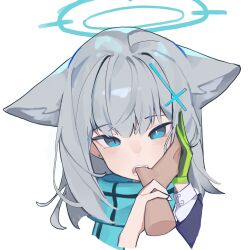  1boy 1girl animal_ear_fluff animal_ears blue_archive blue_eyes blue_halo blue_jacket close-up commentary disembodied_hand fang finger_in_another's_mouth gloves grey_hair halo heterochromia highres jacket li1lluu portrait scarf shiroko_(blue_archive) short_hair wolf_ears wolf_girl 