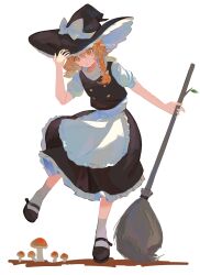  1girl absurdres apron black_shoes black_skirt black_vest blonde_hair braid broom chokomaron commentary frills full_body hand_on_own_hat hat hat_ribbon highres holding holding_broom kirisame_marisa long_hair looking_down mushroom ribbon shirt shoes short_sleeves side_braid skirt socks solo standing standing_on_one_leg touhou vest white_shirt white_socks witch_hat 