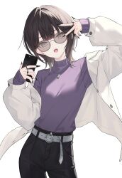  1girl absurdres belt black_hair black_nails black_pants cellphone character_request coat copyright_request grey_belt highres holding holding_phone jewelry lisu looking_at_viewer medium_hair nail_polish necklace open_mouth pants phone purple_sweater ring simple_background smartphone solo sunglasses sweater teeth turtleneck turtleneck_sweater upper_teeth_only v white_background white_coat 