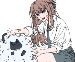  1girl a_jak animalization bandaid bandaid_on_arm bandaid_on_face braid brown_hair cat foam grey_skirt half_up_braid miyagi_shiori open_mouth school_uniform scratches sendai_hazuki shirt shuuniichido_classmate_wo_kau_hanashi sidelocks simple_background skirt three-quarter_sleeves violet_eyes white_background white_shirt 