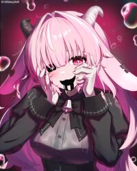  1girl :3 absurdres air_bubble animal_ears bell black_bow black_bowtie black_eyes bow bowtie bubble cross-shaped_pupils femme_soule goat_ears goat_girl goat_horns grey_shirt hands_on_own_cheeks hands_on_own_face heart heart-shaped_pupils heterochromia highres holding_own_hair horns light_blush long_hair looking_at_viewer neck_bell open_mouth pink_eyes pukey_goddess_shot_trick red_background saliva saliva_trail shirt sidelocks smile solo symbol-shaped_pupils upper_body yandere yandere_trance yume_tiem 