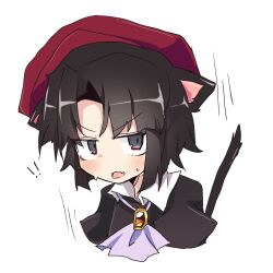  ! !! 1boy absurdres angry animal_ears ascot beret black_shirt brown_gem cat_boy cat_ears cat_tail collared_shirt commentary cropped_torso dot_nose english_commentary fang gem grey_eyes hat highres jitome juliet_sleeves kanon_(umineko) kemonomimi_mode light_blush long_sleeves looking_at_viewer male_focus open_mouth parted_bangs puffy_sleeves purple_ascot red_hat shirt simple_background skin_fang solo suikabe_(user113791398) sweat tail umineko_no_naku_koro_ni v-shaped_eyebrows white_background 