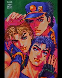  2026 3boys adjusting_clothes adjusting_headwear artist_name battle_tendency black_gloves black_hair blue_coat blue_eyes blue_gloves blue_hair blue_hat blue_shirt bracelet brown_hair chain closed_mouth coat commentary earrings english_commentary family fingerless_gloves gakuran gloves gold_chain grandfather_and_grandson green_background green_eyes green_scarf hand_on_own_cheek hand_on_own_face hat high_collar highres jewelry jojo_no_kimyou_na_bouken jonathan_joestar joseph_joestar joseph_joestar_(young) kujo_jotaro looking_at_viewer male_focus marker_(medium) maya_panda multiple_boys muscular muscular_male one_eye_closed orange_lips orange_nails peaked_cap phantom_blood photo_(medium) scarf school_uniform shirt short_hair signature simple_background smile stardust_crusaders striped_clothes striped_scarf stud_earrings traditional_media vertical-striped_clothes vertical-striped_scarf yellow_scarf 