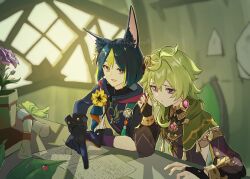  1boy 1girl animal_ear_fluff animal_ears black_bridal_gauntlets black_gloves black_hair blurry blurry_background bridal_gauntlets brown_dress bug capelet chair closed_mouth collei_(genshin_impact) commentary_request dress earrings elbow_rest flower fox_boy fox_ears gem genshin_impact gloves green_capelet green_eyes green_hair hair_between_eyes hair_ornament hand_up highres holding holding_pencil indoors jewelry ladybug long_sleeves medium_hair on_chair open_mouth paper pencil pink_gem plant potted_plant scroll short_hair side-by-side single_earring sitting studying tighnari_(genshin_impact) twitter_username violet_eyes window yellow_flower youkainekomata0 