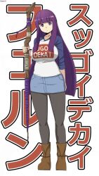  1girl artist_logo artist_name bambi2000line black_leggings blue_skirt blue_sleeves blunt_bangs boots breasts brown_boots closed_mouth clothes_writing cosplay denim denim_skirt fern_(sousou_no_frieren) full_body highres holding holding_staff huge_breasts leggings logo long_hair long_sidelocks long_sleeves looking_at_viewer mage_staff miniskirt purple_hair shirt sidelocks signature simple_background skirt solo sousou_no_frieren staff standing sugoi_dekai text_background uzaki-chan_wa_asobitai! uzaki_hana uzaki_hana_(cosplay) very_long_hair violet_eyes white_background white_shirt 