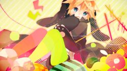  1boy androgynous animal_ear_hood animal_ears asymmetrical_legwear black_capelet black_shorts blonde_hair blue_eyes capelet fake_animal_ears fang green_leggings hood kagamine_len leggings long_sleeves male_focus mismatched_legwear miwasiba multicolored_leggings official_artist_extra open_mouth pink_leggings rabbit_ears shirt shorts sitting skin_fang solo stuffed_animal stuffed_toy toluthin_antenna_(vocaloid) vocaloid white_shirt 