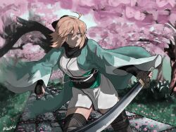  1girl absurdres ahoge arm_guards black_scarf blonde_hair breasts cherry_blossoms clenched_hand closed_mouth cowboy_shot expressionless fate/grand_order fate_(series) green_haori grey_eyes haori highres holding holding_sword holding_weapon japanese_clothes katana kimono looking_to_the_side medium_breasts obi obiage obijime okita_souji_(fate) okita_souji_(koha-ace) okita_souji_(third_ascension)_(fate) sash scarf short_kimono sidelighting solo sword tinloffel tree weapon 