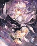  blush campanula-star ghost hairband hat japanese_clothes katana konpaku_youmu konpaku_youmu_(ghost) multiple_girls myon pink_eyes pink_hair red_eyes saigyouji_yuyuko short_hair sword touhou traditional_media watercolor_(medium) weapon white_hair 