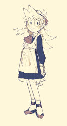  1girl alternate_costume antenna_hair apron ascot commentary dress eddsworld enmaided full_body hair_ears hair_ornament highres long_hair long_sleeves looking_at_viewer maid maid_headdress monochrome sahikoro_(yuzucucm) shoes simple_background sketch smile socks solo standing toon_(style) tori_(eddsworld) translation_request yellow_background 
