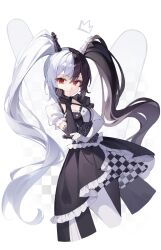  1girl asymmetrical_gloves asymmetrical_legwear asymmetrical_sleeves black_choker black_hair black_pantyhose checkered_clothes checkered_skirt chess_piece choker commentary commentary_typo corset criss-cross_straps cropped_legs drawn_crown dress elbow_gloves english_commentary frilled_dress frilled_sleeves frills gloves hair_between_eyes hair_ornament hand_on_own_cheek hand_on_own_elbow hand_on_own_face highres holding holding_chess_piece indie_virtual_youtuber king_(chess) lace-trimmed_gloves lace_trim long_hair miniskirt mismatched_gloves mismatched_legwear mismatched_sleeves multicolored_hair neggiee pantyhose pleated_skirt puffy_short_sleeves puffy_sleeves red_eyes revision second-party_source shironaaa_shikyo short_sleeves sidelocks skirt skirt_under_dress smile solo split-color_hair twintails two-tone_hair virtual_youtuber white_background white_hair white_pantyhose 