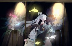  2girls absurdres bag black_kimono blue_skirt cho_kaguya-hime! closed_eyes commentary_request dolphin english_commentary fish from_side green_eyes grey_hair hair_bun hair_rings halterneck highres japanese_clothes kimono long_hair long_sleeves mixed-language_commentary multiple_girls open_mouth pink_hair profile runami_yachiyo sailor_collar sakayori_iroha sasa_fune shirt short_sleeves shoulder_bag single_hair_bun skirt smile twintails very_long_hair white_shirt 