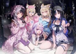  5girls :d animal_ears asymmetrical_horns babydoll bed_sheet black_hair black_wings blonde_hair blue_eyes blue_hair blue_jacket blue_streaks braid breasts chemise closed_mouth colored_inner_hair commentary copyright_notice crossed_bangs dog_ears dog_girl dog_tail double-parted_bangs double_bun english_commentary feathered_wings flower full_body fur-trimmed_jacket fur_trim fuwawa_abyssgard fuwawa_abyssgard_(pajamas) grey_hair hair_between_eyes hair_brush hair_bun hair_over_one_eye hand_mirror happyongdal hat holding holding_hair_brush holding_mirror holoadvent hololive hololive_english horn_flower horns jacket jewel_under_eye koseki_bijou koseki_bijou_(pebble_pajamas) large_breasts long_hair looking_at_viewer low_twin_braids low_wings lying mask mask_on_head mirror mob_cap mococo_abyssgard mococo_abyssgard_(pajamas) multicolored_hair multiple_girls nerissa_ravencroft nerissa_ravencroft_(nighttime_princess) official_alternate_costume official_alternate_hairstyle official_art on_stomach open_mouth pink_babydoll pink_eyes pink_hair pink_jacket pink_streaks pokey_(hololive) purple_hair purple_jacket seiza shiori_novella shiori_novella_(pajamas) shirt short_hair side_braid sidelocks single_off_shoulder sitting sleep_mask sleepwear smile streaked_hair tail thigh-highs thigh_strap twin_braids uneven_horns very_long_hair violet_eyes virtual_youtuber wariza white_chemise white_shirt white_thighhighs wings 